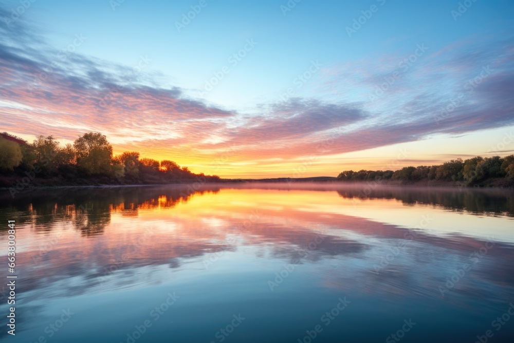 sunrise reflection on a calm river surface