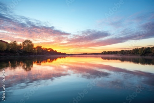 sunrise reflection on a calm river surface