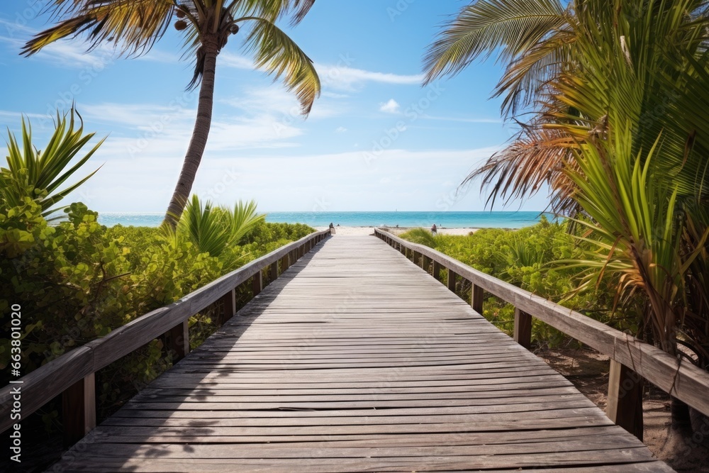 an empty wooden boardwalk leading to a tropical beach an empty wooden boardwalk leading to a tropical beach