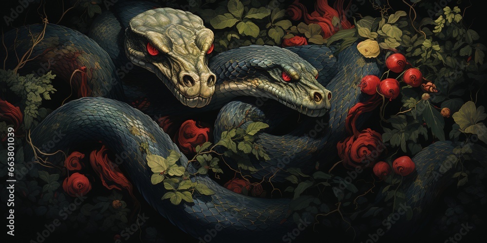 Snakes starts in the spring mating season. Many snakes gathered in the tangle. Illustration for cover, card, postcard, interior design, decor or print - obrazy, fototapety, plakaty 