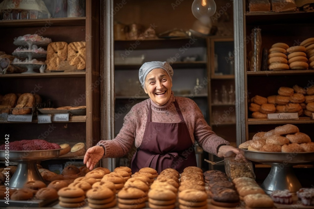 Elderly woman in a bakery shop. Bakery store happy owner. AI Generated