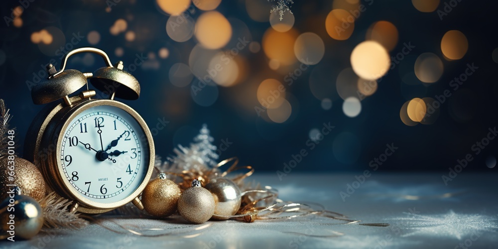 Soft focus, holiday composition with retro, Christmas balls, toys, decoration and alarm clock in a white, paper, gift box on a deep blue background. Concept of winter
