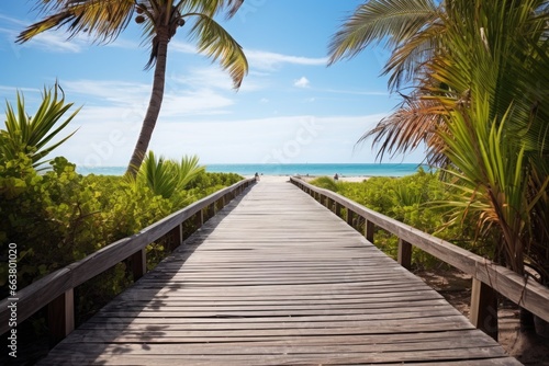 an empty wooden boardwalk leading to a tropical beach © Alfazet Chronicles