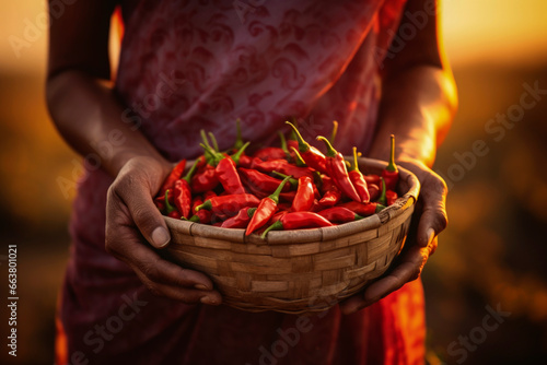 Generative AI illustration of crop hands of ethnic woman in red dress holding ripe red peppers on blurred background photo