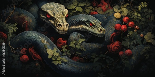 Snakes starts in the spring mating season. Many snakes gathered in the tangle. Illustration for cover, card, postcard, interior design, decor or print