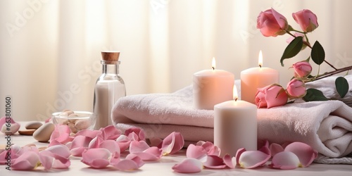 Spa relax composition with bath beauty products, cosmetics and candles on a white table with rose petals. Wellness and skin care treatment.