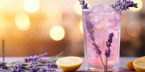 Summer trendy drink. Lavender lemonade with lavender flowers, lemon and ice cubes in transparent glass on table on blurred restaurant interior background. Healthy refreshing beverage.