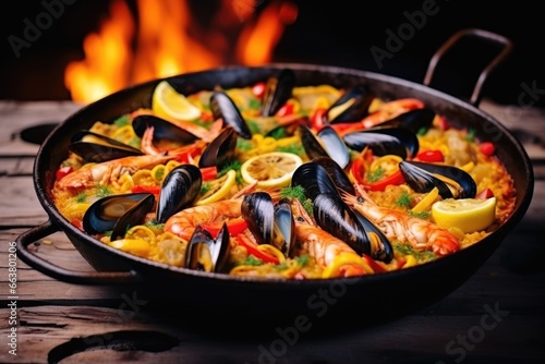 a colorful seafood paella in a pan