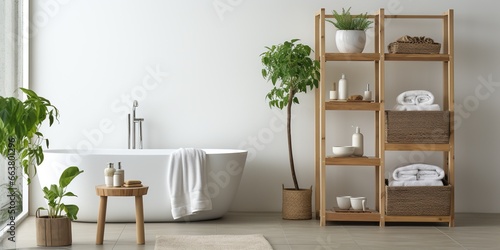Sustainable bathroom interior with bath accessories and white towel on wooden shelf with potted plants. Eco friendly bathroom interior.