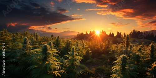 The sun is setting over a field of cannabis plants.