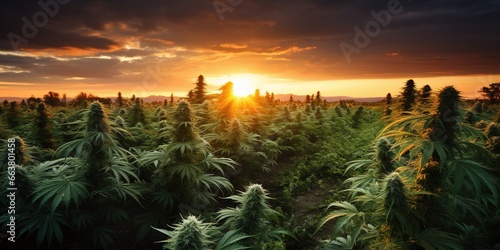 The sun is setting over a field of marijuana.