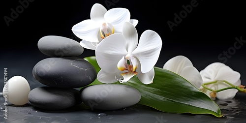  White orchid and spa stones on the Dark background Harmony and Relaxation White Orchid and Dark Spa Stones AI Generative 