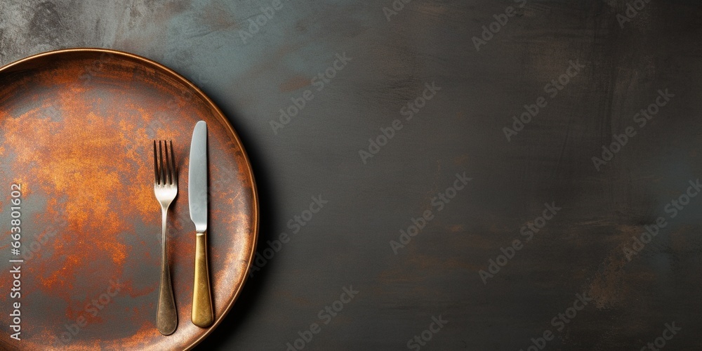 Top view of An empty plate with cutlery on a dark concrete background - obrazy, fototapety, plakaty 