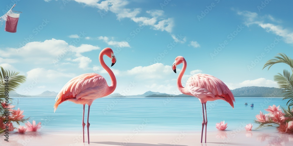 Fototapeta premium Travel and resort banner with funny pink flamingos standing in clear blue sea with clear sunny sky. Concept of summer vacation, traveling and resting on sea resort.