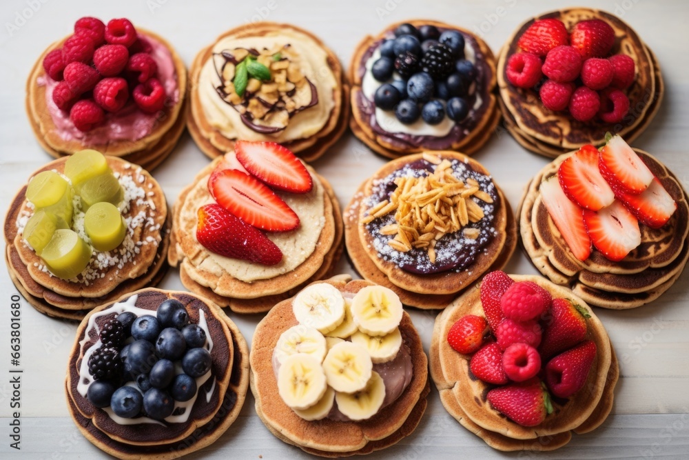 grid of vegan pancakes topped with various fruits: strawberry, blueberry, banana grid of vegan pancakes topped with various fruits: strawberry, blueberry, banana