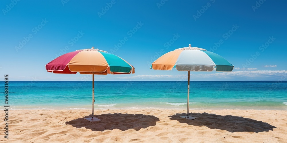 Two beach umbrellas sitting on top of a sandy beach.