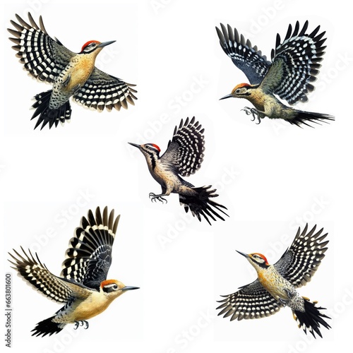 A set of male and female Ladder-backed woodpeckers flying isolated on a white background