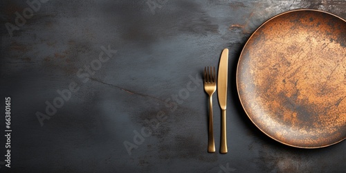 Top view of An empty plate with cutlery on a dark concrete background