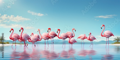 Travel and resort banner with funny pink flamingos standing in clear blue sea with clear sunny sky. Concept of summer vacation, traveling and resting on sea resort.