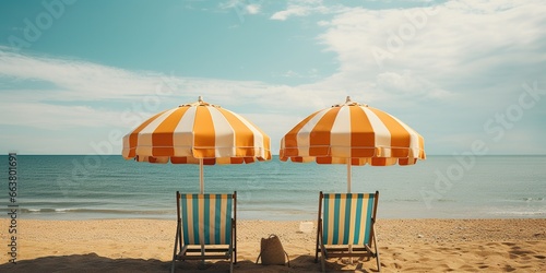 Fototapeta Naklejka Na Ścianę i Meble -  Two beach umbrellas sitting on top of a sandy beach.