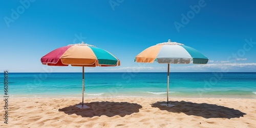 Two beach umbrellas sitting on top of a sandy beach. © Svitlana