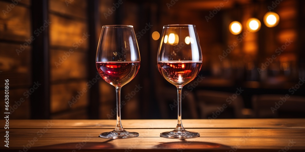 Two wine glasses sitting on top of a wooden table. Two wine glasses sitting on top of a wooden table.