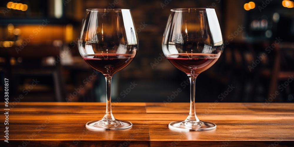 Two wine glasses sitting on top of a wooden table. Two wine glasses sitting on top of a wooden table.