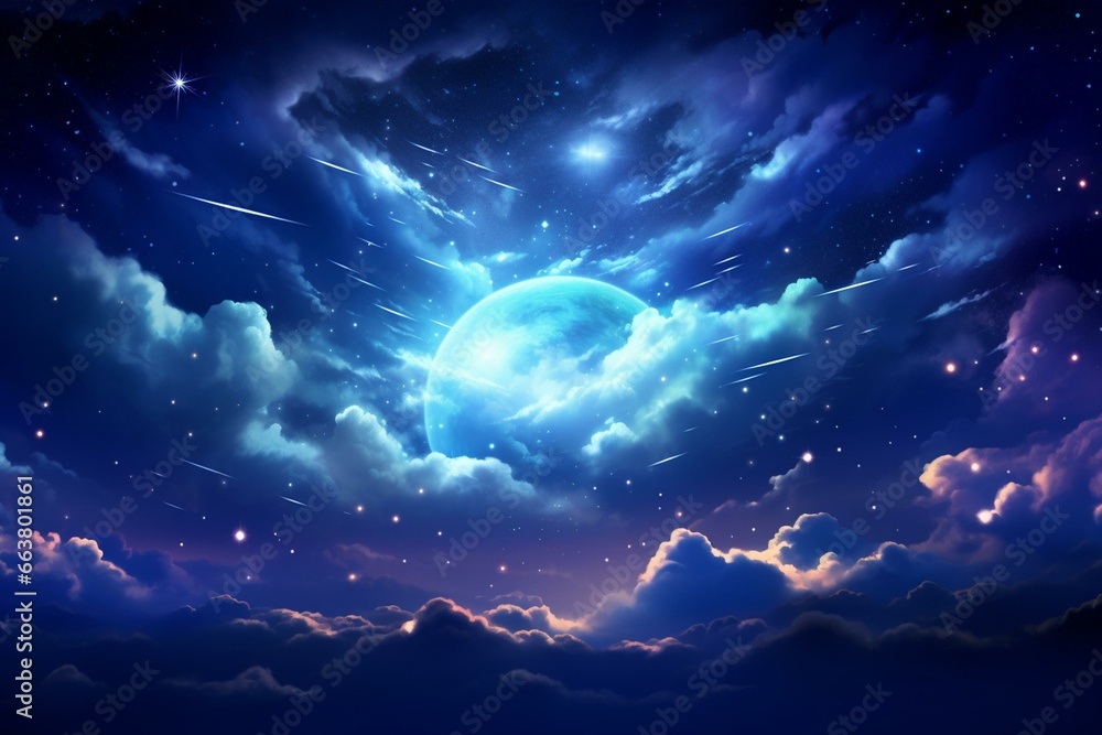 A vibrant image of a majestic full moon amidst a nocturnal sky adorned with clouds and twinkling stars. Generative AI