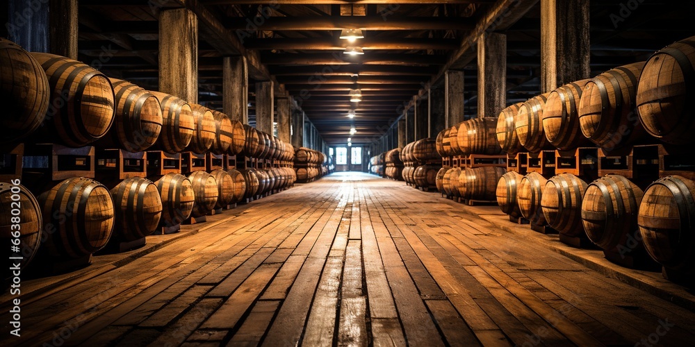 Whiskey, bourbon, scotch barrels in an aging facility.