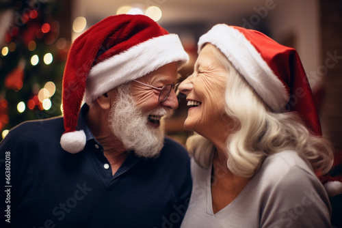 AI generative images of happy senior couple wearing Santa hat while celebrating Christmas together at home photo