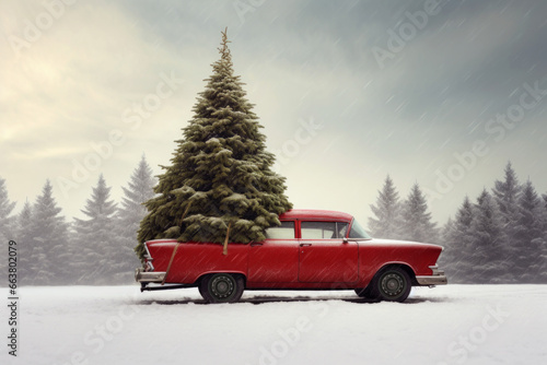 AI generative images of red car transporting Christmas tree by the winter snowy country road