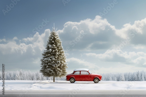 AI generative images of red car driving next to the spruce on a winter snowy country road photo