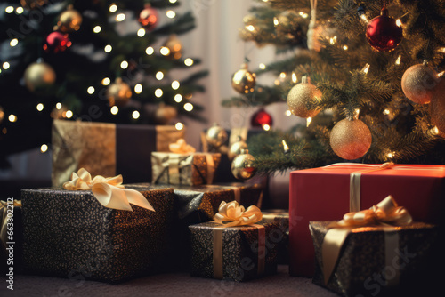 AI generated image of Christmas gift boxes under the Christmas tree at home photo