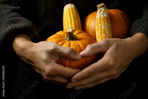 AI generative images of anonymous hands of woman holding pumpkins and corns photo
