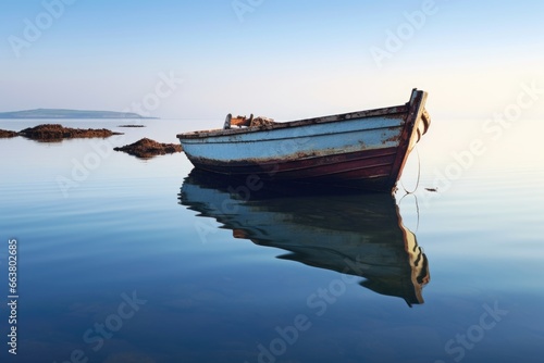 an upturned boat in calm waters