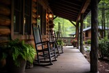 front porch of a rustic woodsy vacation cabin
