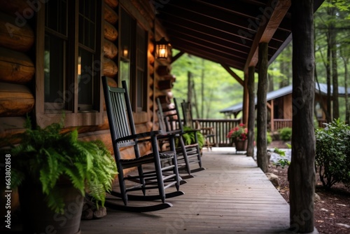 front porch of a rustic woodsy vacation cabin photo