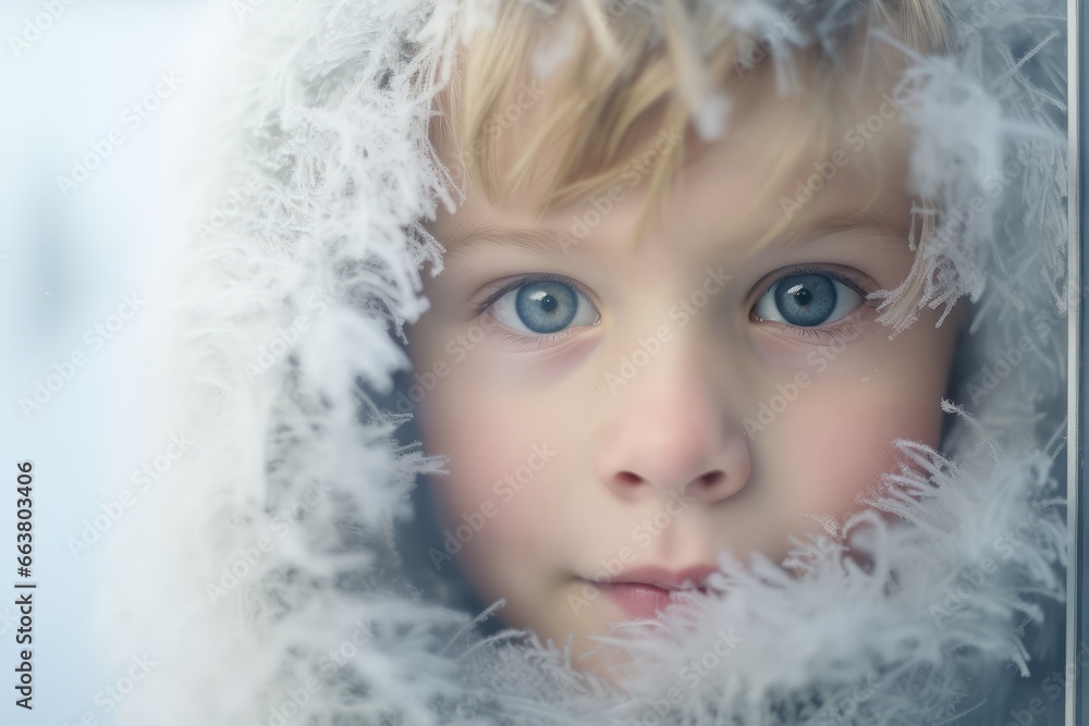 Child in frosty icy Winter Wonderland  - first snow - AI Generated