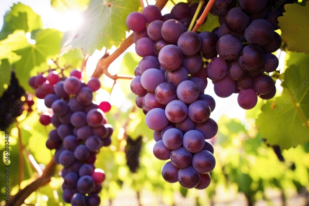 vivid grape clusters hanging from a vine against sunlight vivid grape clusters hanging from a vine against sunlight
