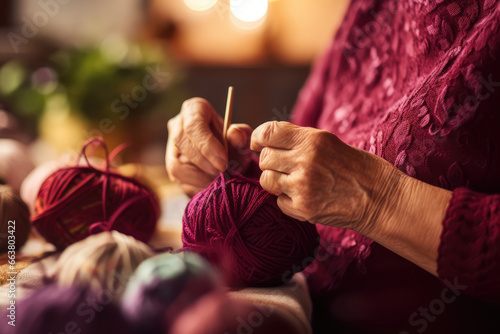 Elderly woman knitting a festive sweater, against a rich burgundy - Handmade gifts, personal touches  - AI Generated photo