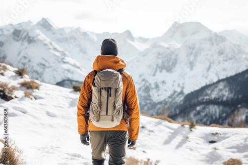  Solo traveler with a backpack, against a snowy white - Winter trekking, exploring snow-capped landscapes - AI Generated