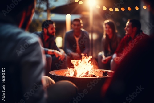 Friends gathering around a fire pit, against a fiery red - Outdoor warmth, bonding during cold nights - AI Generated