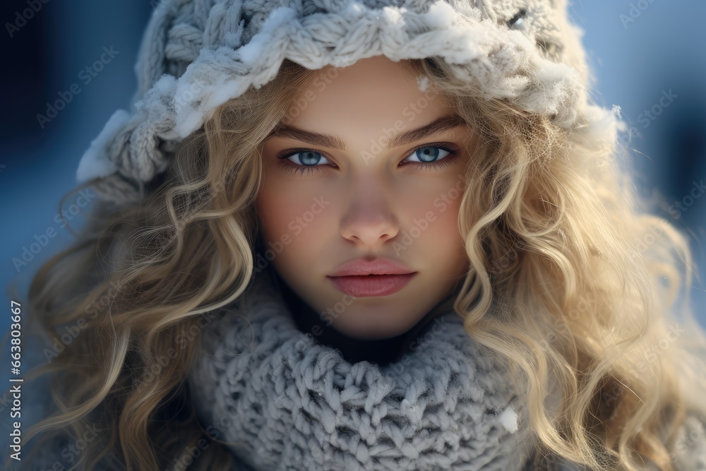  Woman in cozy knitwear, against a deep blue - Embracing winter's chill, fresh snowflakes - AI Generated