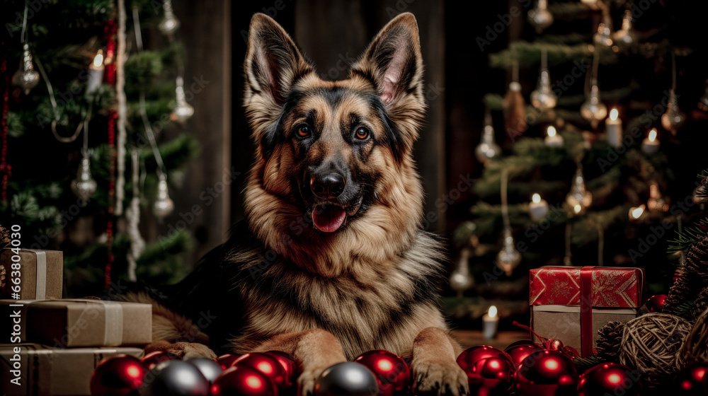 Dog with a Santa Claus Hat Sitting by a Christmas Tree Digital Art Wallpaper Background Backdrop Cover Poster Dog with a Santa Claus Hat Sitting by a Christmas Tree Digital Art Wallpaper Background Backdrop Cover Poster