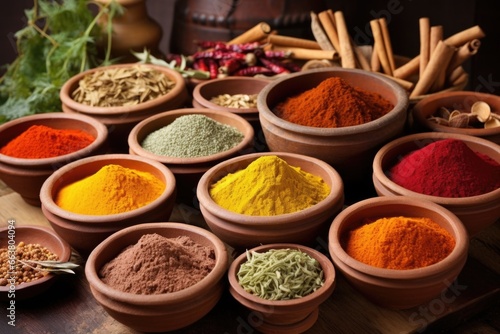 colorful selection of indian spices in wooden bowls