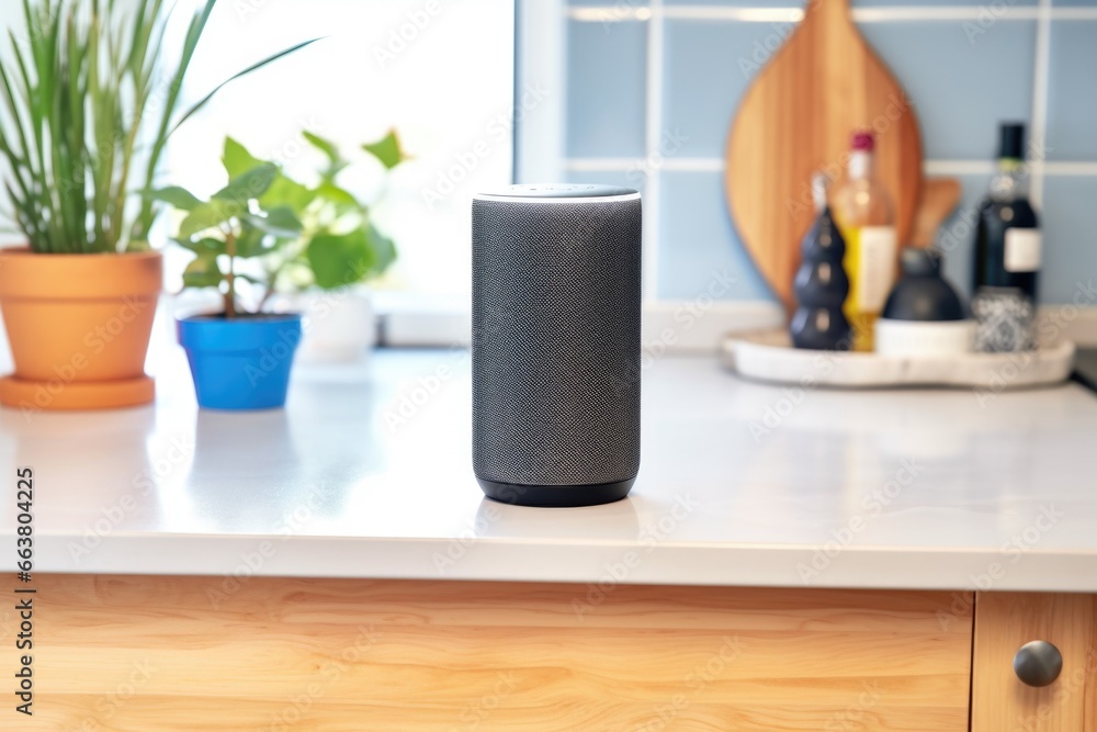 a voice-activated smart speaker on a kitchen counter a voice-activated smart speaker on a kitchen counter