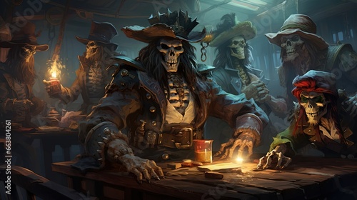 Fotografia Spooky pirate crew of skeletons on board