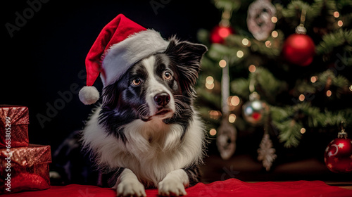 Dog with a Santa Claus Hat Sitting by a Christmas Tree Digital Art Wallpaper Background Backdrop Cover Poster