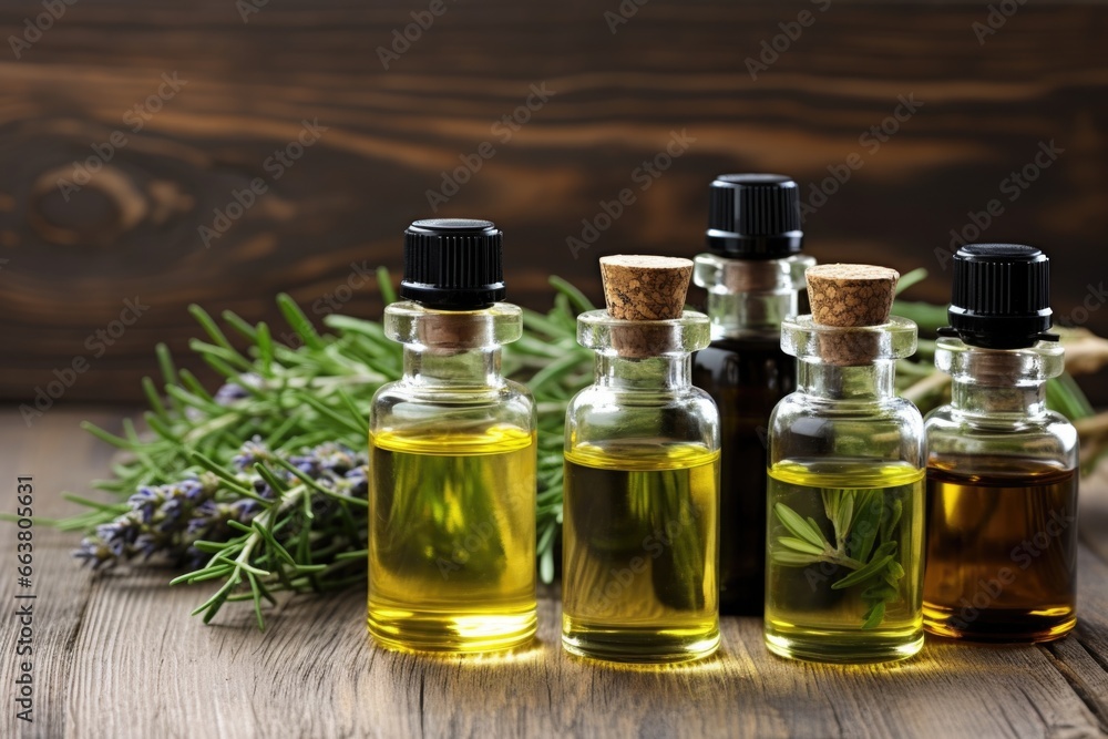 essential oil bottles on rustic wooden table essential oil bottles on rustic wooden table