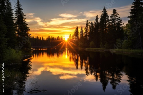 sundown over calm lake surrounded by trees © Alfazet Chronicles